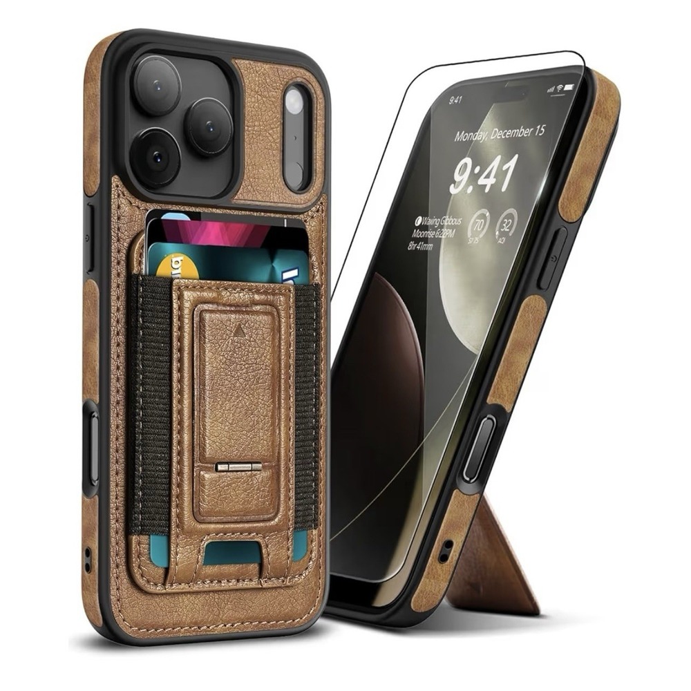 iPhone 17 Pro Leather Case, Wallet Case with Card Holder (3 Cards) & Kickstand